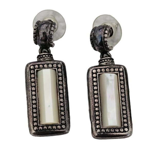 Vintage Silver-Tone & Mother Of Pearl Rectangular Dangle Earrings 1,5" - Picture 1 of 5